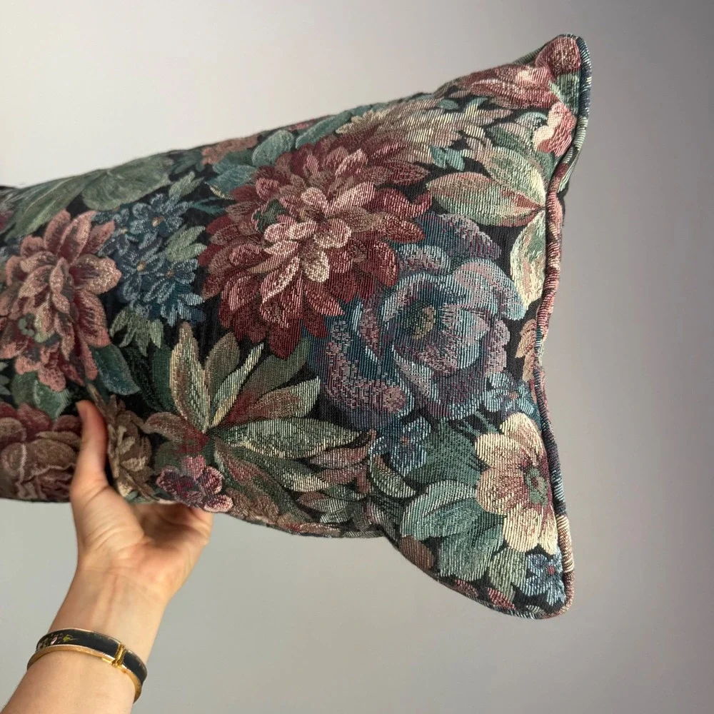 Vintage Floral Tapestry Lumbar Pillow Woven Botanical Accent Cushion 22x12